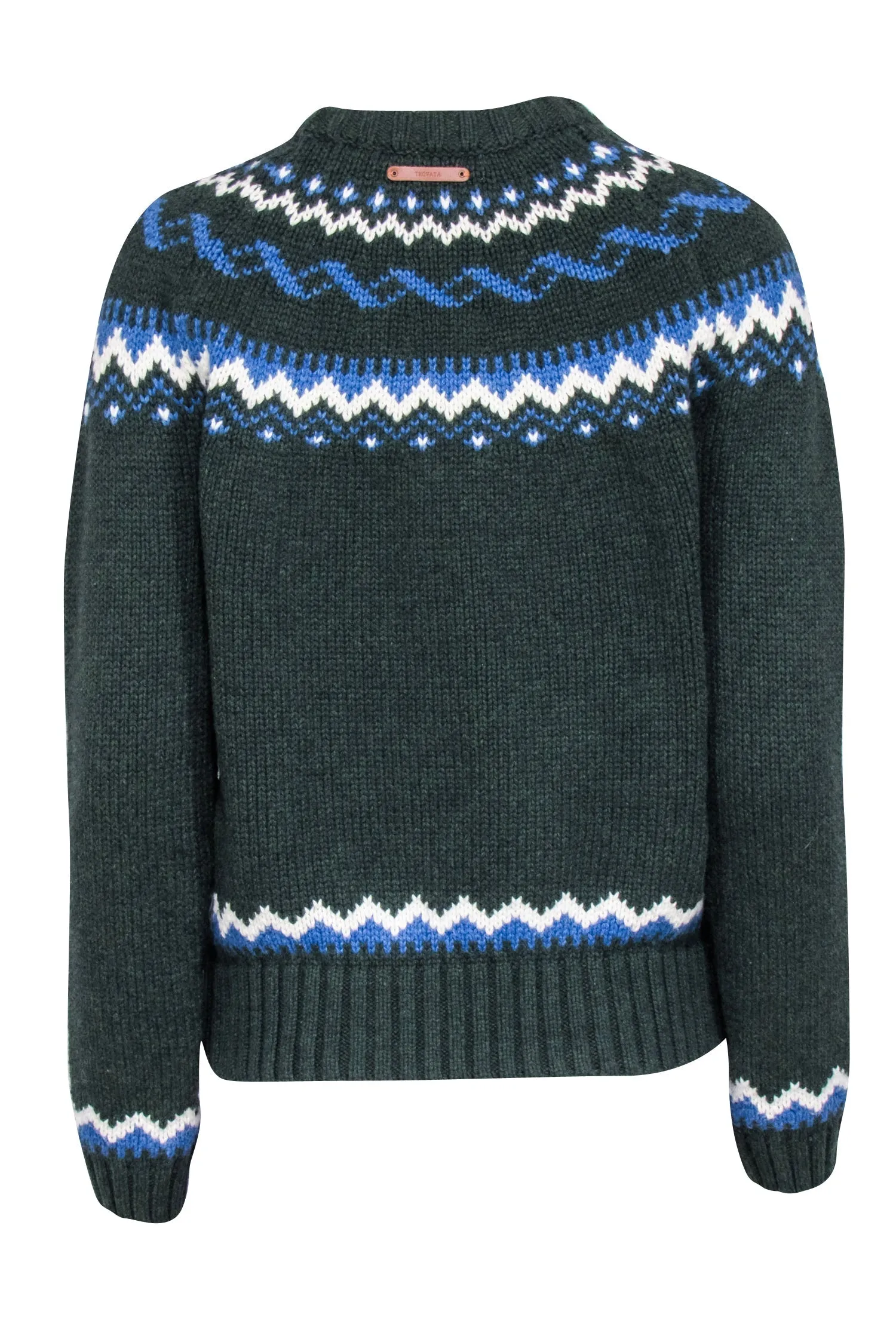 Birds of Paradis - Dark Green w/ Blue & White Fair Isle Crewneck Sweater Sz XS
