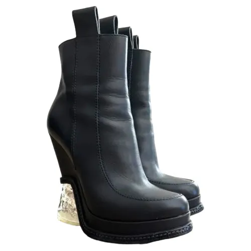 FENDI Black Leather Lucite Ice Heel Ankle Boots, Size 38