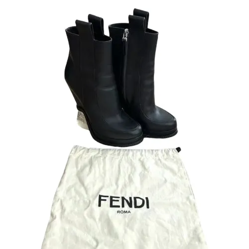 FENDI Black Leather Lucite Ice Heel Ankle Boots, Size 38