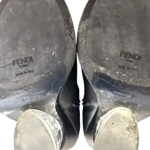 FENDI Black Leather Lucite Ice Heel Ankle Boots, Size 38