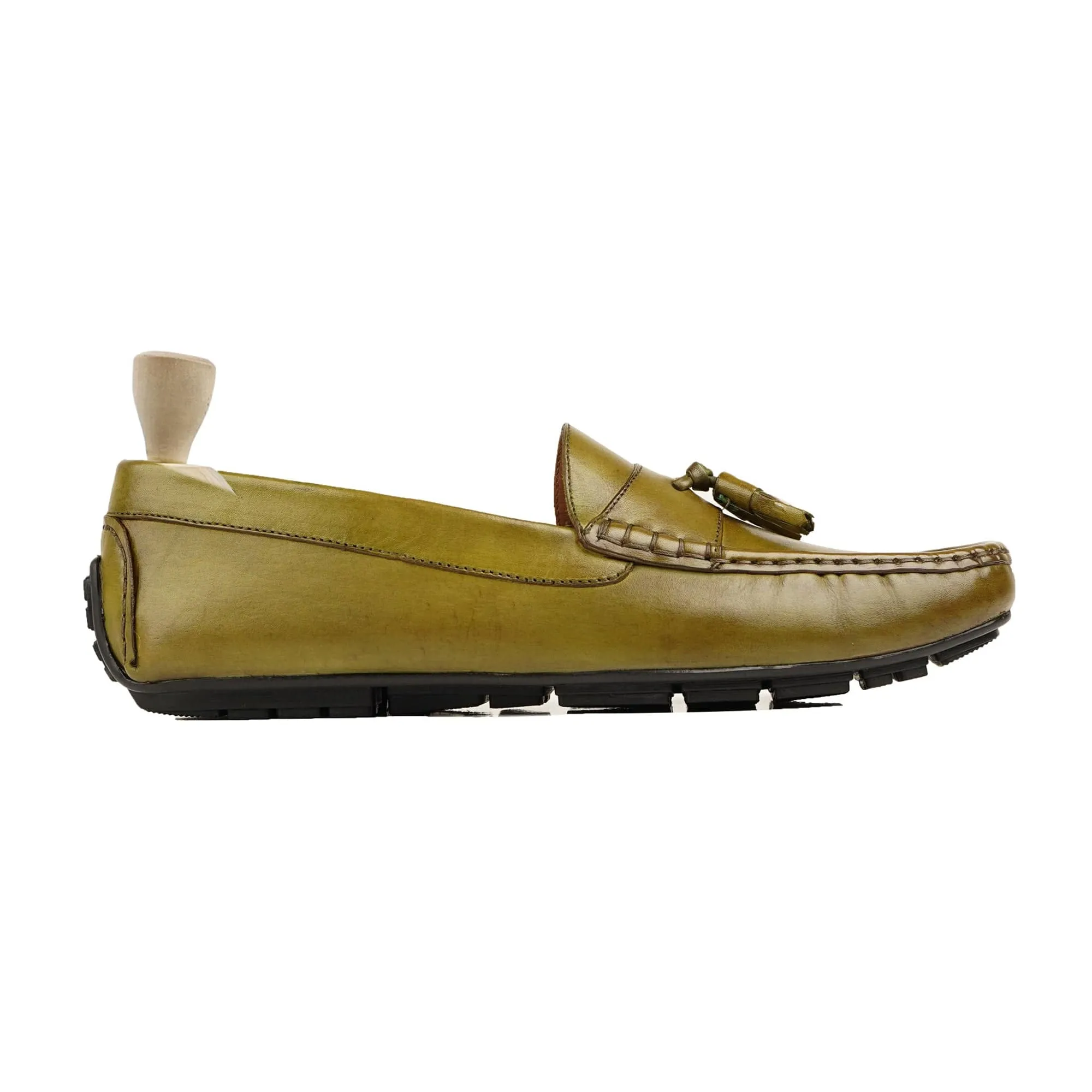 Handmade Custom Light Green Calf Leather Driver Mens Loafers