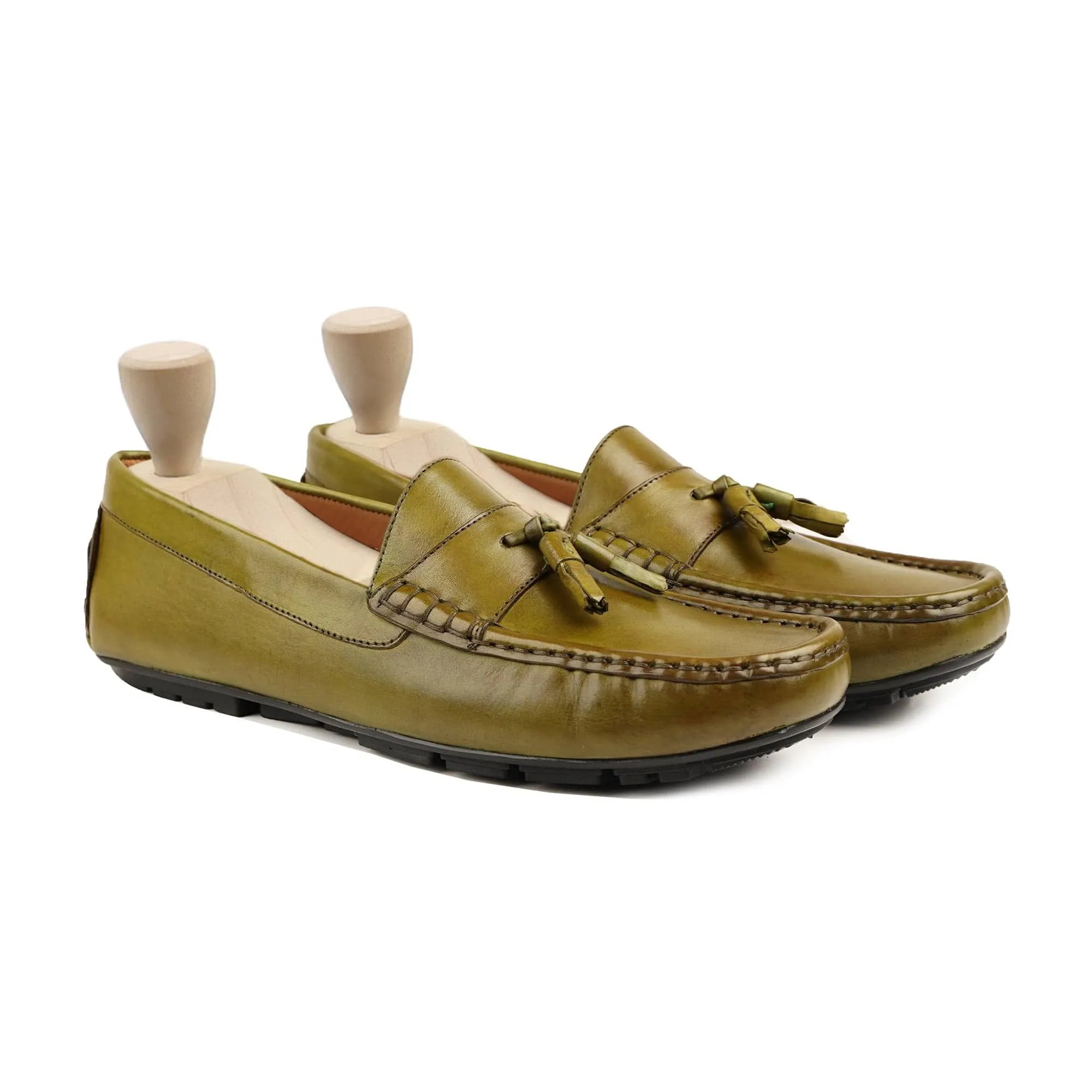Handmade Custom Light Green Calf Leather Driver Mens Loafers