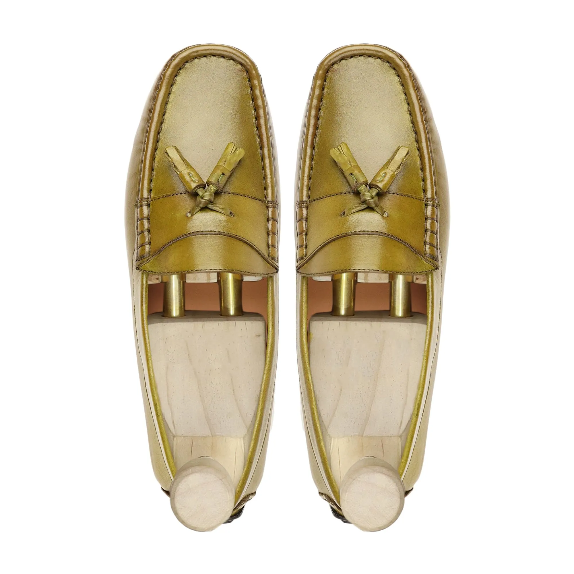 Handmade Custom Light Green Calf Leather Driver Mens Loafers