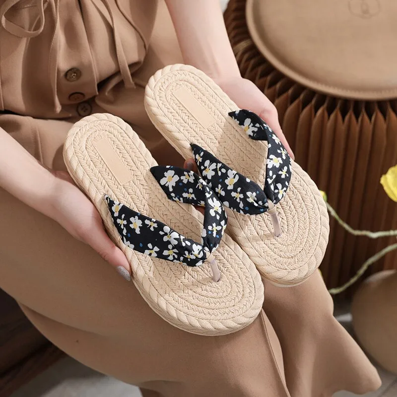 Hnzxzm Fashion Women Slippers Summer Outdoor Light Weight Comfortable Flax Slippers ladies Flip Flops Platform Sandals Ladies Shoes