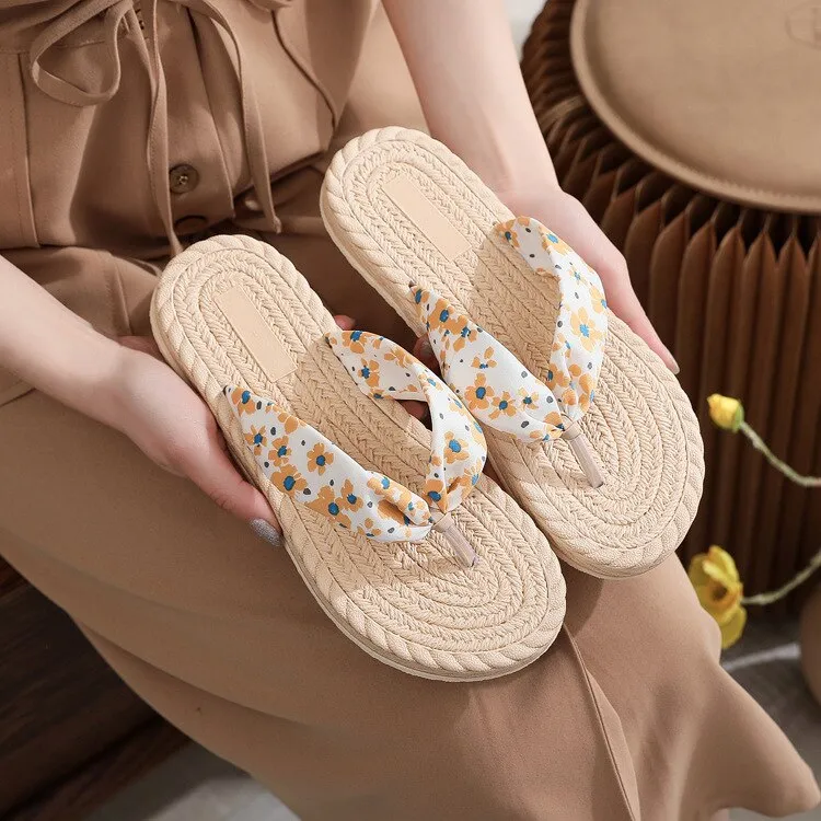 Hnzxzm Fashion Women Slippers Summer Outdoor Light Weight Comfortable Flax Slippers ladies Flip Flops Platform Sandals Ladies Shoes