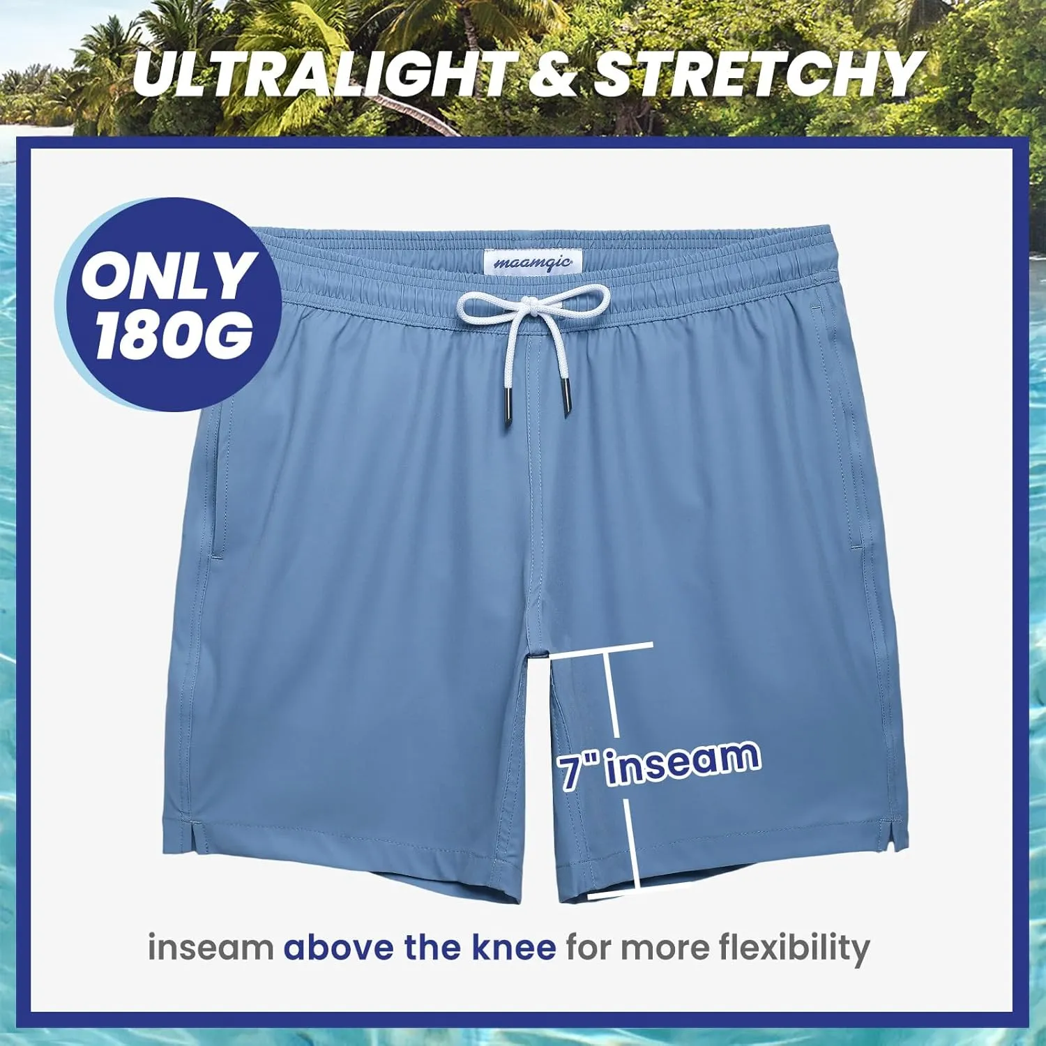 maamgic Mens 7" Stretch Swim Trunks Quick Dry Mesh Lining Swimwear Bathing Suits