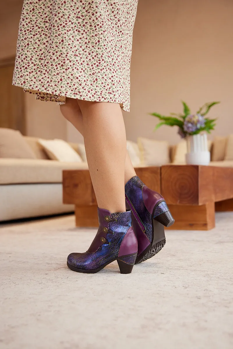 Soffia | Rosalind Rose Embossed Leather Ankle Boots - Purple