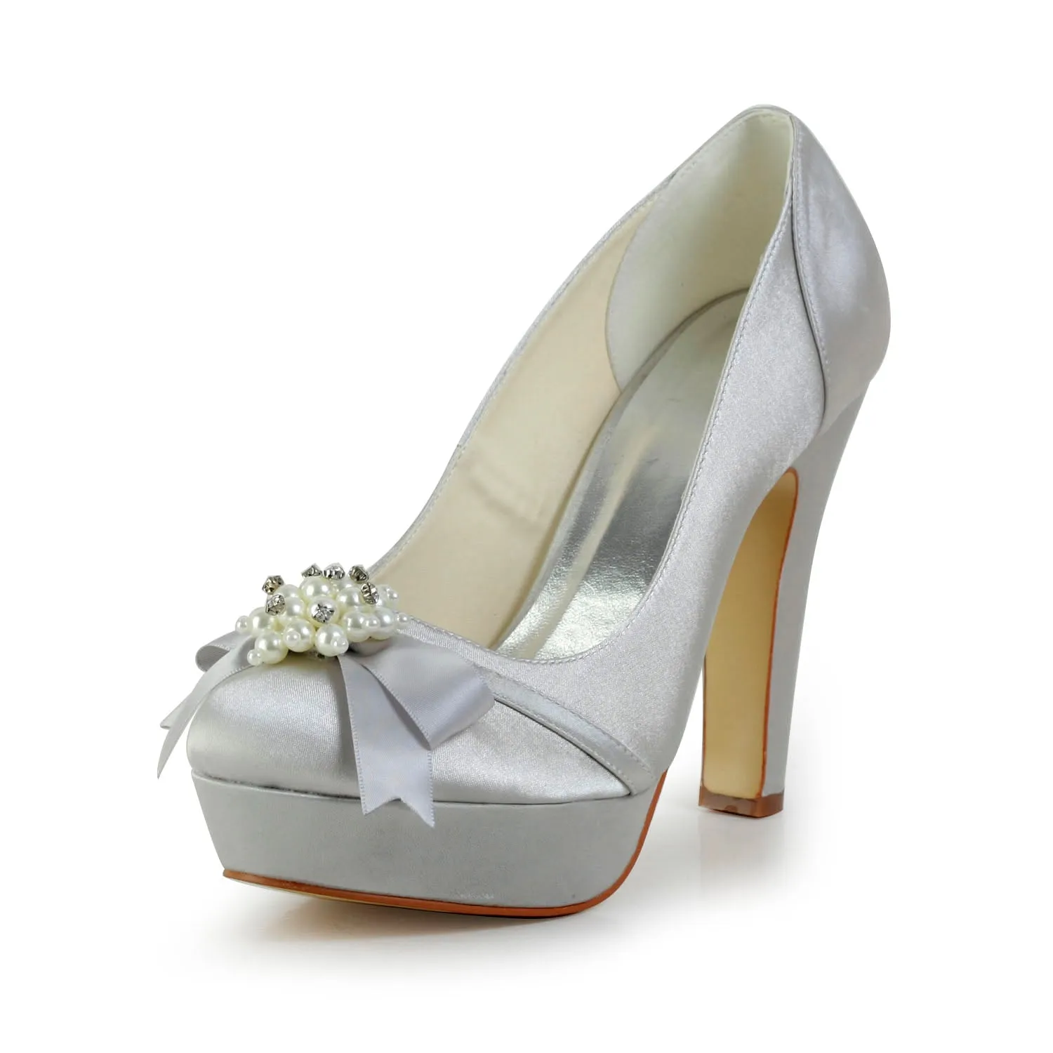Women's Bridal Shoes Closed Toe 4.7'' Block High Heel Satin Pumps Platform Wedding Shoes
